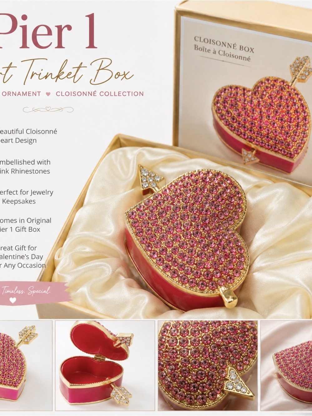 Pier 1 Pink and Gold Heart Cloisonné Trinket Box with Rhinestones